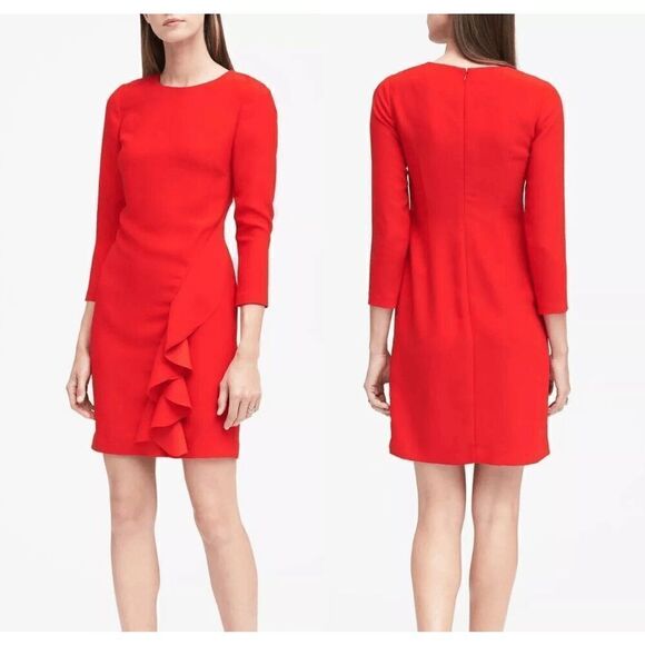 ❤️ BANANA REPUBLIC Ruffle 3/4 Sleeves Classy Shift Red Dress SIZE 0 - Picture 2 of 15